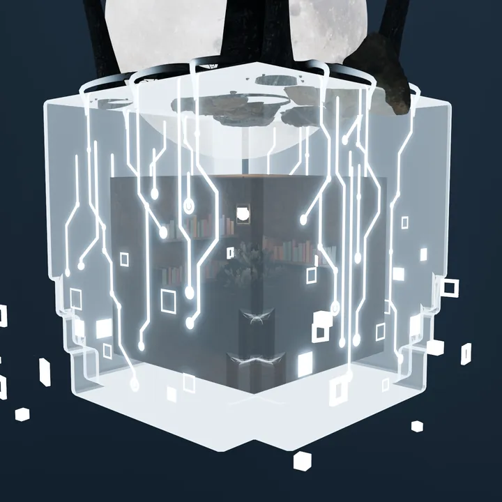 The cube rendered as glass with the chamber and its shelves visible inside, circuits burning across the faces