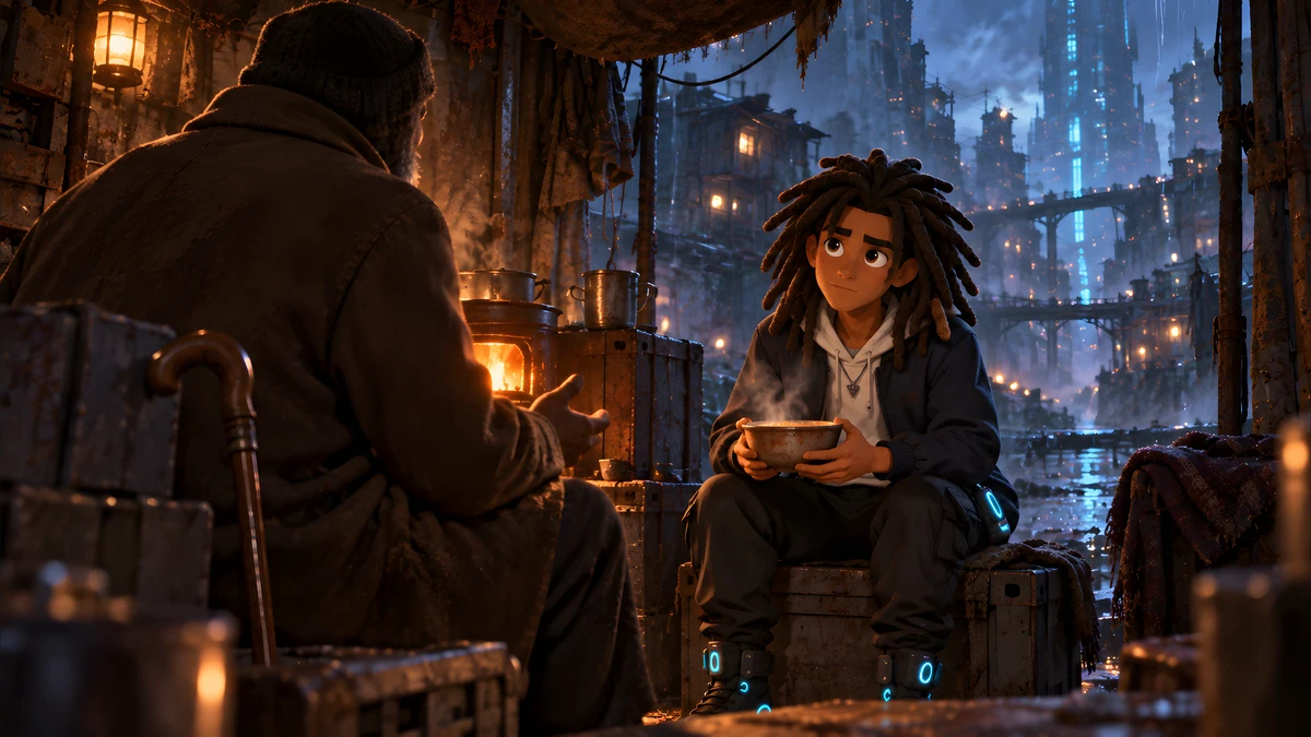 The old man offering a warm meal to Ren in a shelter above the lower city