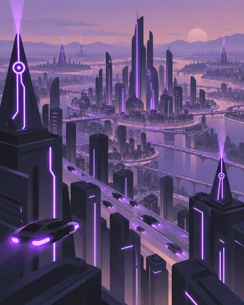 Automata concept study: Aerial city river sunset